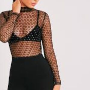PrettyLittleThing | Black And Gold Polka Dot Mesh Long Sleeve Bodysuit Size 10